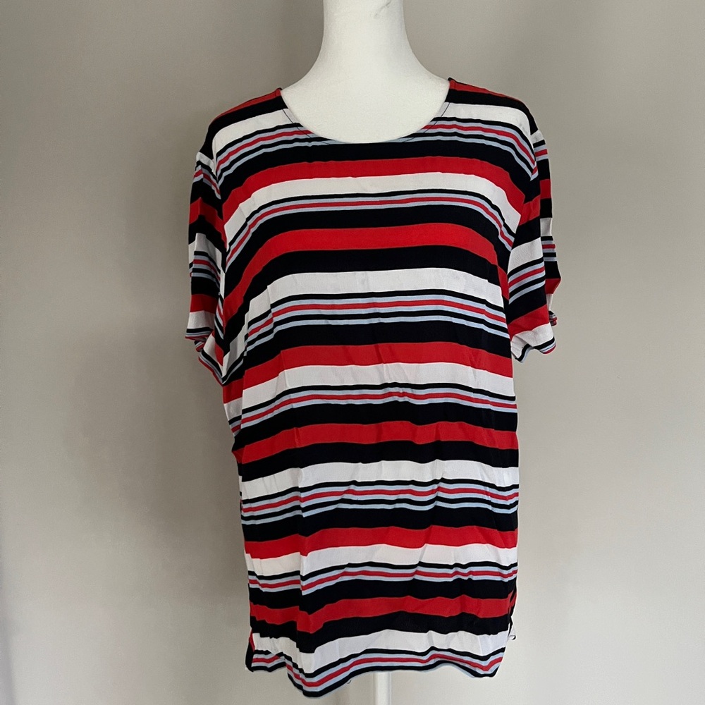 Michael Kors Red, Black, and White Striped Short Sleeve Top